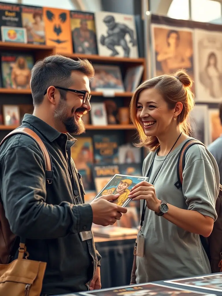 A close-up shot of a vendor and attendee engaging in a conversation at a booth, with both smiling and holding a piece of merchandise, highlighting the personal connections made at Geeky Market events.