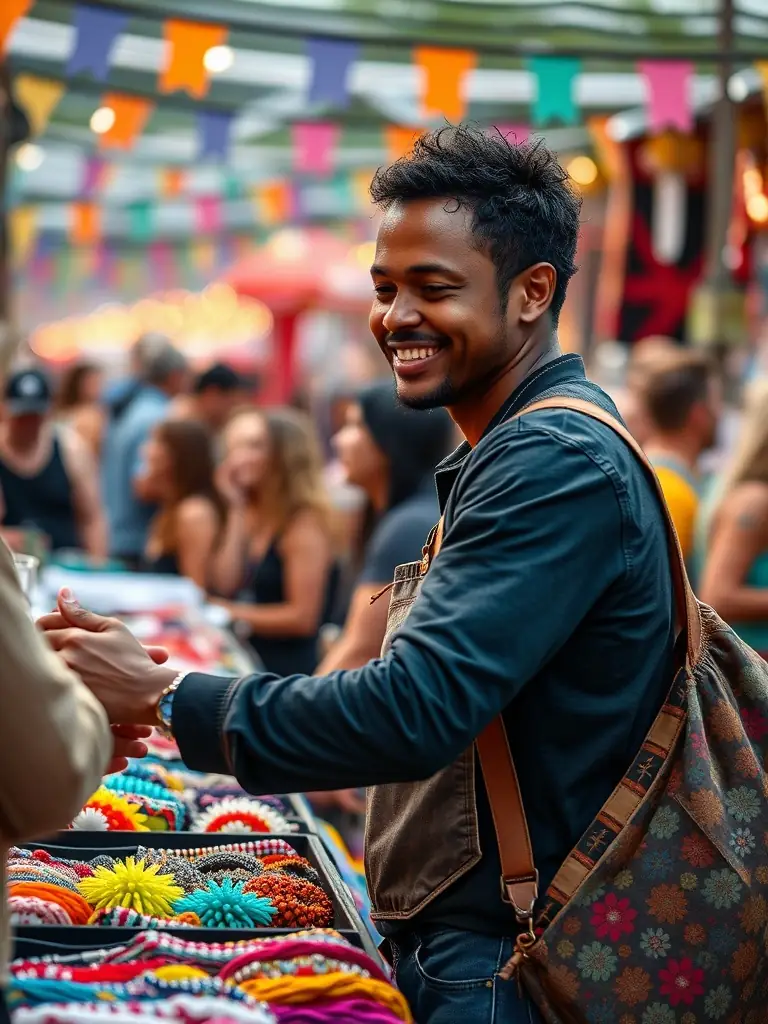 A vendor smiling and interacting with a customer at their booth, surrounded by unique art prints and fan-made merchandise, capturing the friendly and engaging atmosphere of a Geeky Market event.