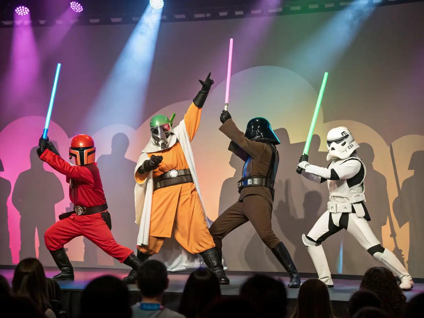 A dynamic scene from a cosplay contest at a Geeky Market event, showcasing participants in elaborate costumes and a cheering audience.
