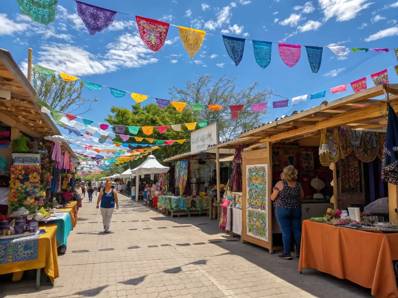 A vibrant, bustling pop-culture market with vendors displaying handmade crafts, art, and collectibles. Attendees are dressed in cosplay, creating a lively and immersive atmosphere.