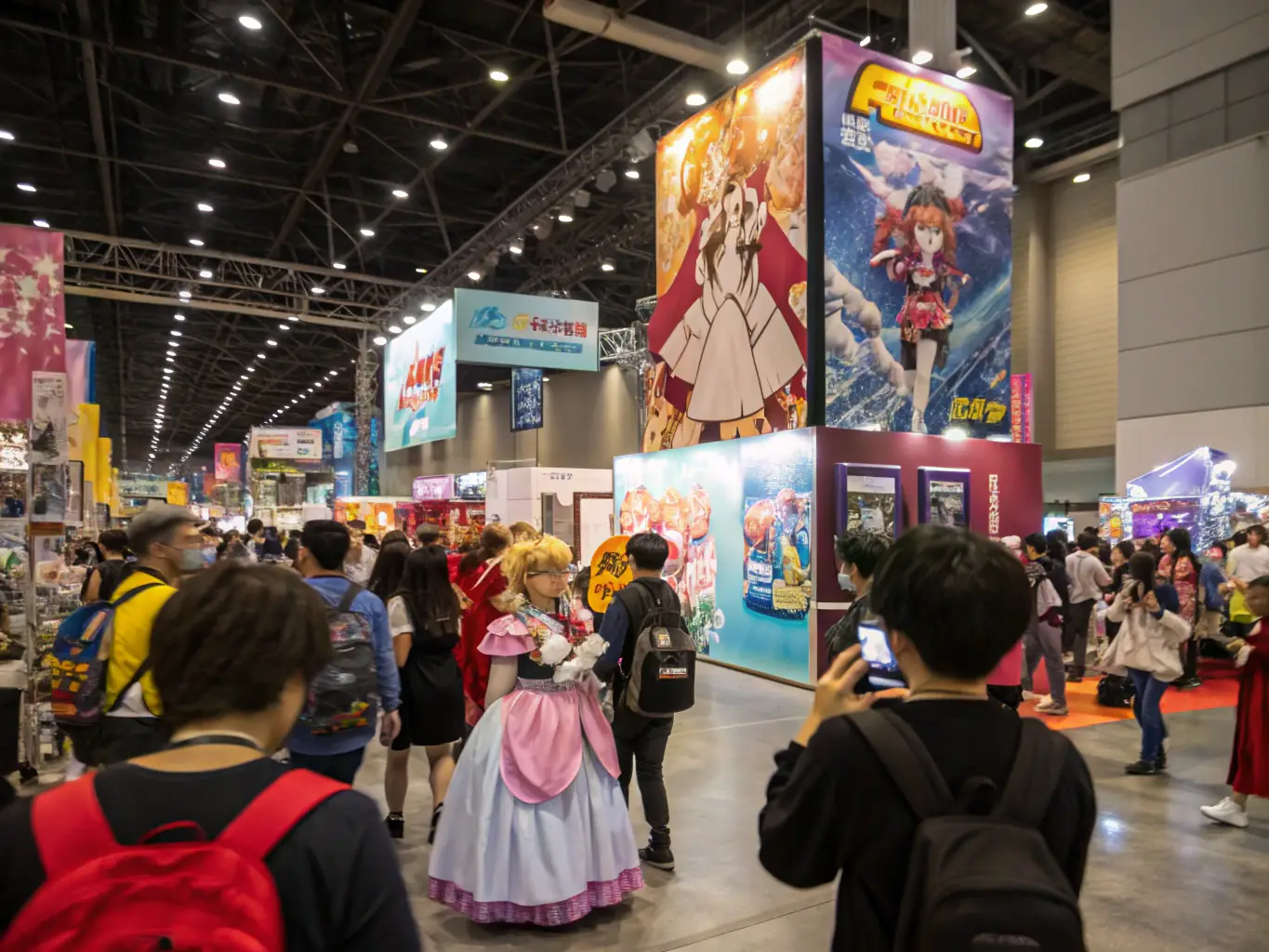 A wide shot of a Geeky Market event, capturing the energy and excitement of the crowd. Cosplayers are mingling with attendees, vendors are engaging with customers, and the overall atmosphere is lively and inclusive.