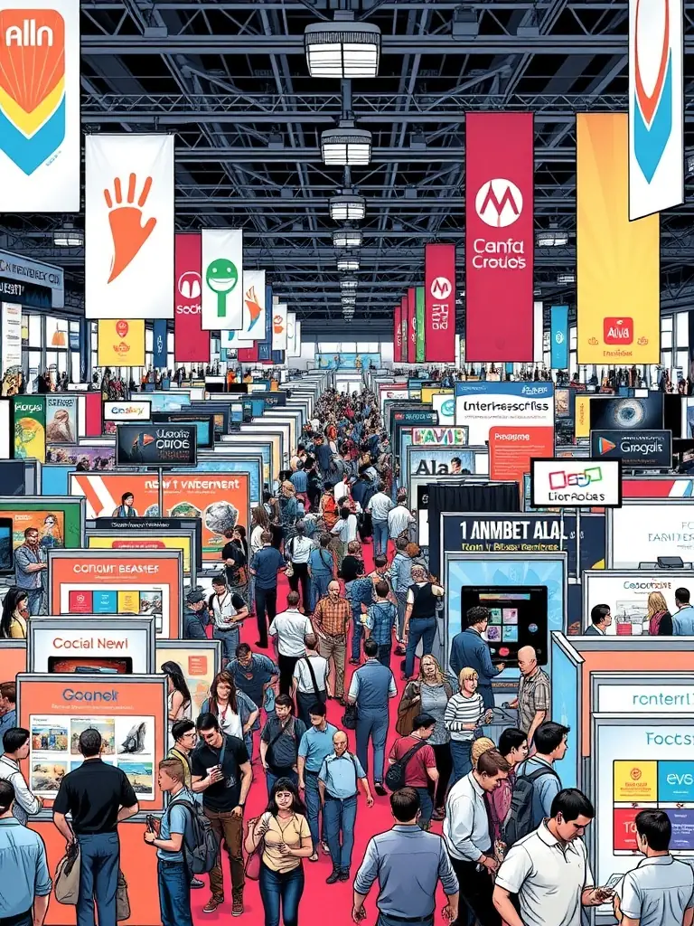 A diverse group of vendors setting up their booths at a Geeky Market event, showcasing a variety of handmade crafts and geek-inspired merchandise, with attendees browsing and interacting with the vendors.