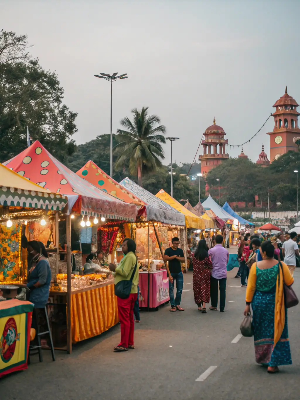 A wide shot of a Geeky Market event, showing attendees of all ages and backgrounds enjoying the market, dressed in cosplay, browsing vendor booths, and participating in interactive activities.