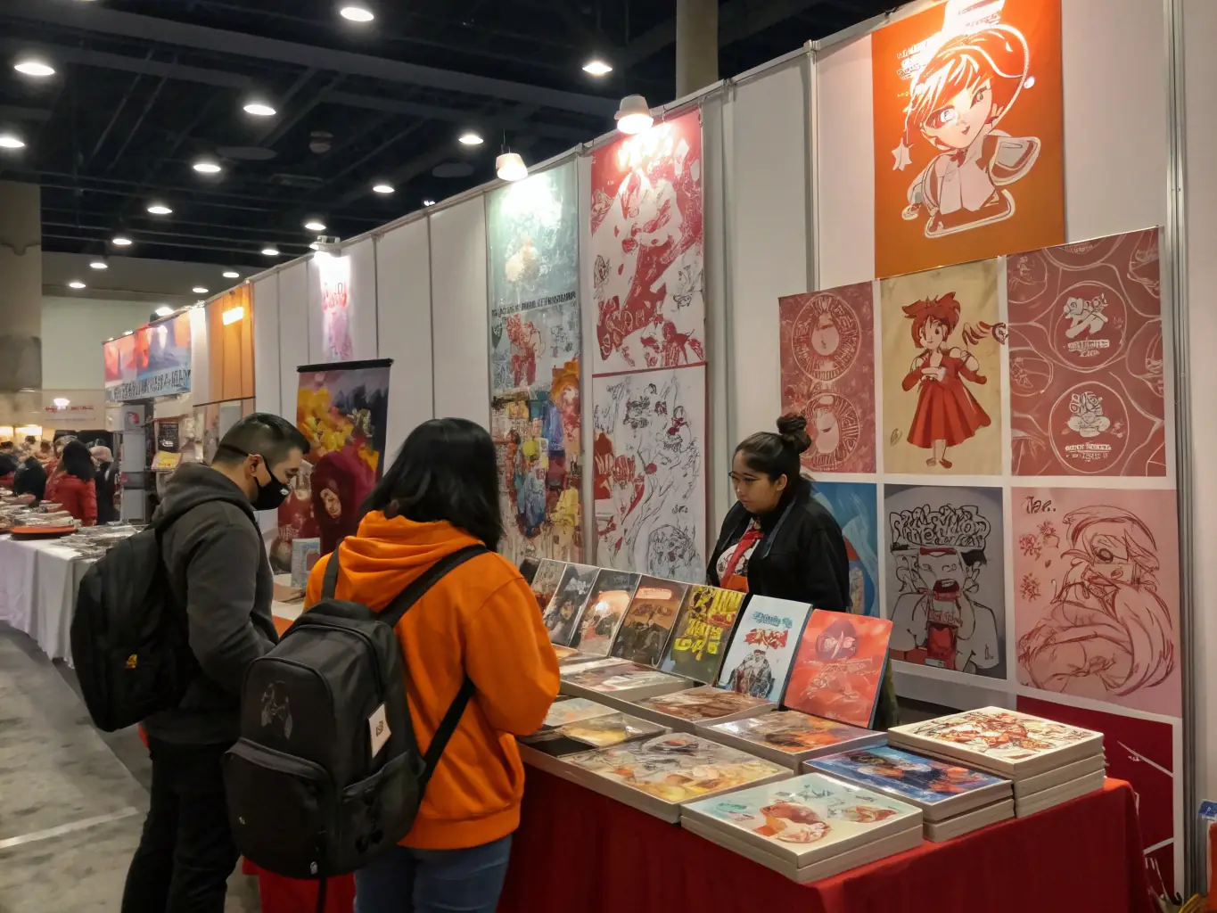 A vibrant photo of a vendor booth at a Geeky Market event, showcasing handmade crafts and enthusiastic customers interacting with the vendor. The booth is well-organized and visually appealing, with a variety of unique items on display.